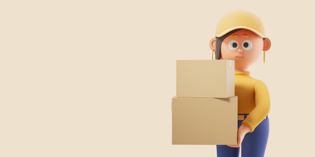 Cartoon courier woman holding cardboard boxes standing over yellow background. Concept of goods delivery and logistics. 3d rendering, copy spaceの写真素材