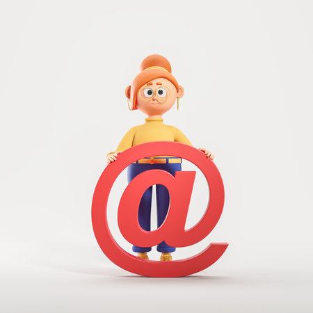 View of cartoon businesswoman standing near big red e-mail at symbol over white background. Concept of electronic mail, business communication and marketing. 3d renderingの写真素材