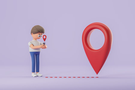 Cartoon man with smartphone looking for his destination standing near big red geotag over purple background. concept of navigation. 3d renderingの写真素材