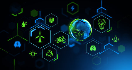Earth sphere hologram and glowing eco hud icons and connection. Ecosystem and futuristic technology. Concept of green energy and renewable sources. 3D rendering illustrationの写真素材