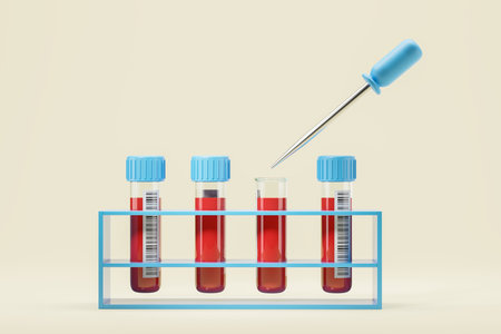 View of rack with test tubes with blood samples with bar codes and medical dropper over yellow background. Concept of medical check up, healthcare and biochemistry. 3d renderingの写真素材