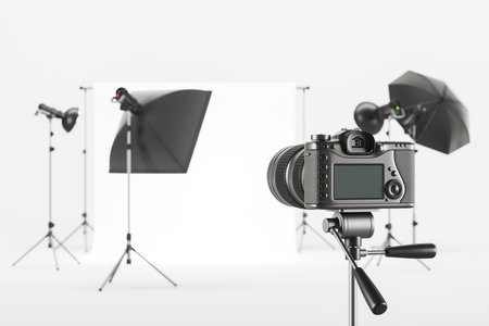 Photo camera and studio room with professional equipment and cyclorama. Tripod, soft box, standing lamp, umbrella and spotlights. concept of shooting. 3D rendering illustrationの写真素材