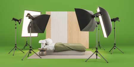Professional studio equipment and lighting, modern home bedroom with bed and decoration. Concept of...