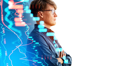 Serious businessman portrait profile side view, double exposure stock market dynamics, forex...