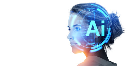 Head of beautiful young European businesswoman with double exposure of immersive AI artificial intelligence interface over white background. Concept of machine learning. copy spaceの写真素材