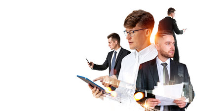 Portrait of four businessmen working with documents and gadgets with double exposure of abstract city over white background. Concept of teamwork and communication. copy spaceの写真素材