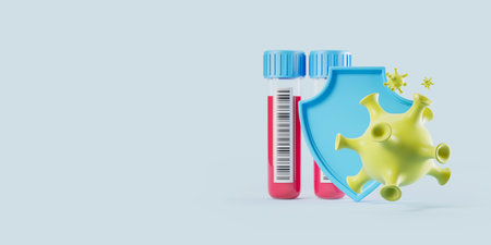 Anti virus shield and bacterium, test tubes with analysis on empty copy space blue background....