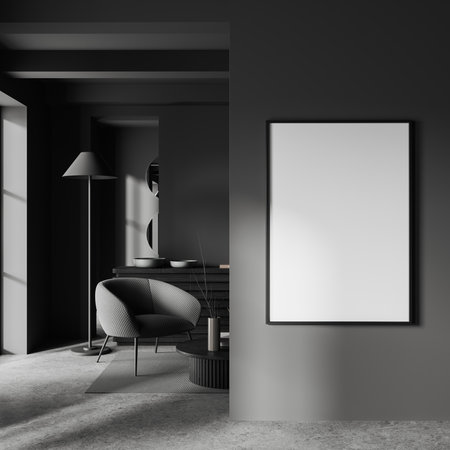 Gray home living room interior with armchair, sideboard with decoration and carpet on gray concrete floor. Mock up canvas poster on wall partition. 3D renderingの写真素材