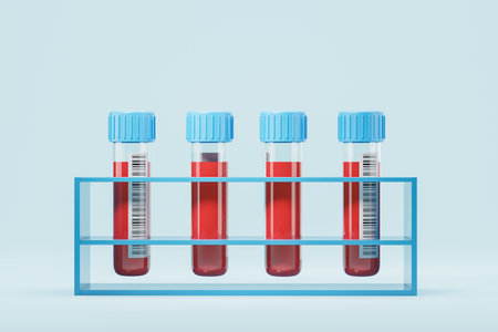 View of rack with test tubes with blood samples with bar codes on them over blue background. Concept of medical check up, healthcare and biochemistry. 3d renderingの写真素材