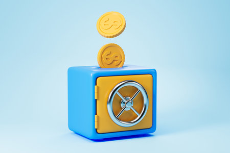 View of blue and yellow safe deposit box as money box with dollar coins over blue background. Concept of saving money, secure storage and savings. 3d renderingの写真素材