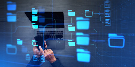Top view of businessman hands using smartphone and laptop at office table with double exposure of...