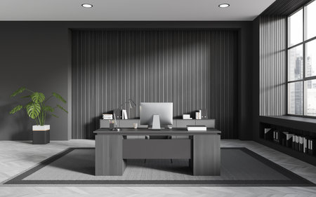 Interior of stylish CEO office with gray and dark wooden walls, wooden floor, comfortable computer table with chair and cabinet with folders. 3d renderingの写真素材