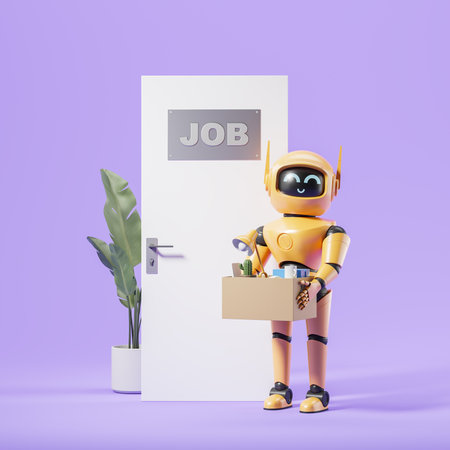 Orange artificial intelligence robot applicant holding box with personal items standing near office door over purple background. Concept of robot human competition in finding job. 3d renderingの写真素材