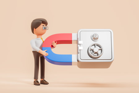 View of cartoon businessman holding big horseshoe magnet attracting safe deposit box over beige background. Concept of money magnet and business success. 3d renderingの写真素材