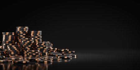 Stack of casino black and golden poker chips on dark empty copy space background. Concept of online gaming website, gambling, win and luck. 3D rendering illustrationの写真素材