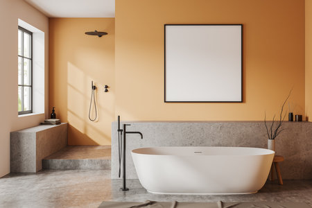 Light orange home bathroom interior with bathtub and shower on podium, panoramic window on tropics, carpet on gray concrete floor. Mock up canvas poster. 3D renderingの写真素材