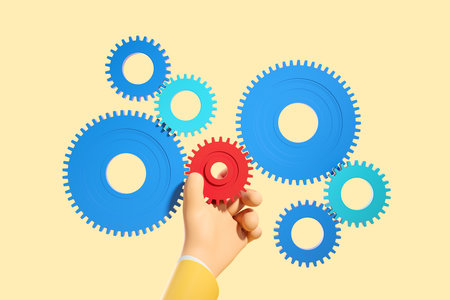 3d rendering. Cartoon character man with red and blue gears, beige background. Concept of cooperation, collaboration, support and teamwork illustrationの写真素材