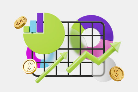 Business graph with pie chart, bar and rising green arrows. Flying gold dollar coins, money investment and profit. Concept of online marketing and financial research illustrationの写真素材
