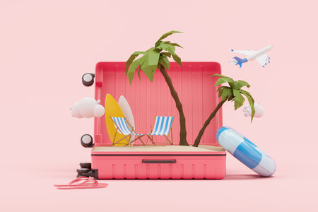 Large opened pink suitcase with beach accessories and chairs with palms. Airplane, rubber ring and flip-flops. Concept of vacation, hotel resort and relax. 3D rendering illustrationの写真素材