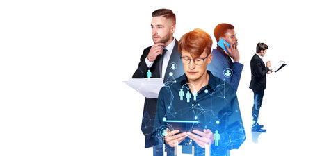 Portrait of four diverse businessmen working with gadgets and documents in city with double exposure...