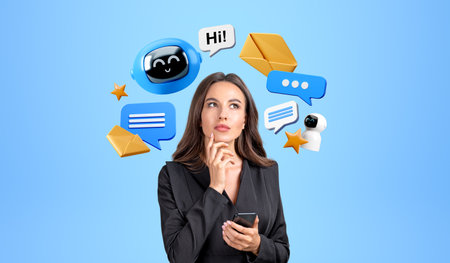 Thoughtful businesswoman using phone, pensive look with finger on chin. Robot icons with text and...