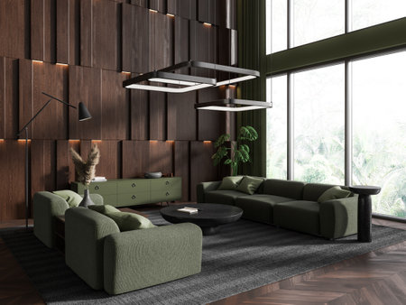Interior of stylish living room with green and dark wooden walls, comfortable green couch and two...