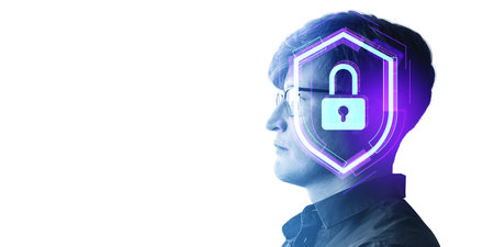 Businessman profile portrait silhouette on empty copy space background. Digital cybersecurity hud...