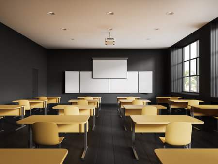 Black and yellow class room interior with desk and chairs in row, mock up empty chalkboard and screen with projector on ceiling. Panoramic window on the tropics. 3D renderingの写真素材