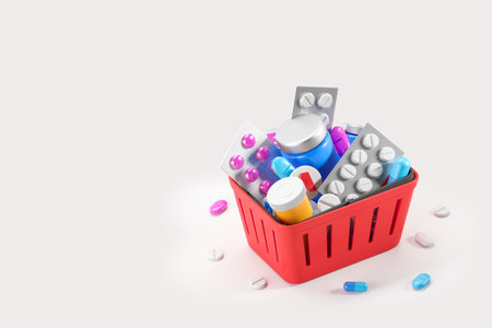Red shopping basket with drugs and pills in packaging, medical jar on white empty copy space background. Concept of prescription and medication purchase and delivery. 3D rendering illustrationの写真素材