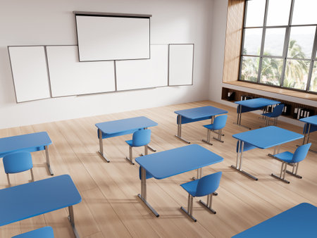 Corner of modern classroom with white walls, wooden floor, rows of blue tables and chairs and mock up projection screen and whiteboard. 3d renderingの写真素材