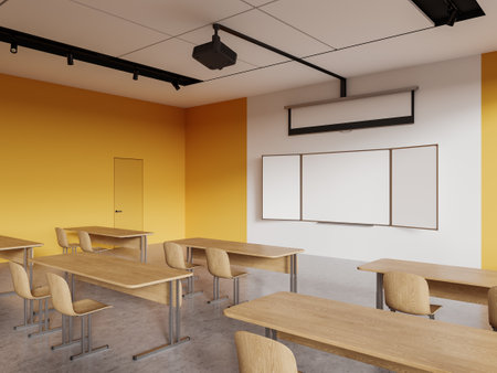 Corner of modern school classroom with white and yellow walls, rows of wooden tables and blank mock up whiteboard. 3d renderingの写真素材