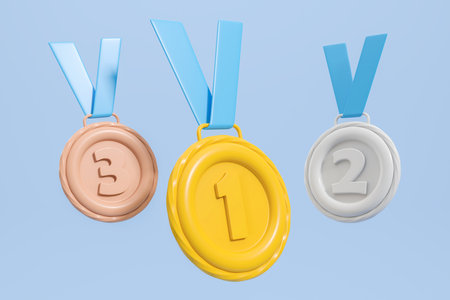 Set of gold, silver and bronze medals on blue background. Sports competition first, second and third place awards. Concept of championship reward and victory. 3D rendering illustrationの写真素材