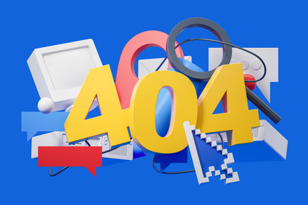 404 with different web icons, pc computer mock up screen and empty text bubbles. Location and magnifier with cursor. Concept of error and page not found. 3D rendering illustrationの写真素材