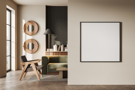 Stylish home living room interior with sofa and armchair, shelf with books and decor, panoramic window on countryside. Mock up canvas square poster on beige partition. 3D renderingの写真素材