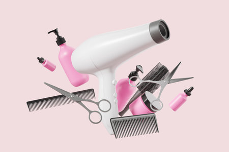 White hairdryer and set of hairdressing equipment with scissors, combs, brushes and cosmetic products over pink background. Concept of beauty salon and hairstyling. 3d renderingの写真素材