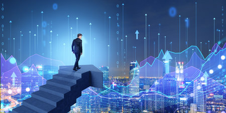 Businessman climbed the stairs, New York skyscrapers in night, double exposure of growing arrows and...