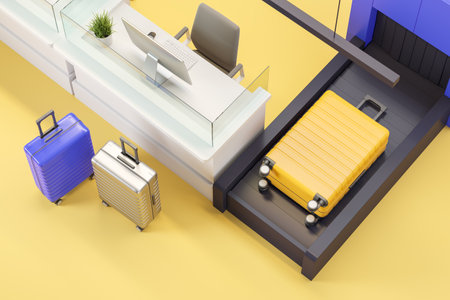 Top view of airport interior check-in zone, desk with pc computer, luggage on conveyor and yellow floor. Concept of travel and registration. 3D rendering illustrationの写真素材