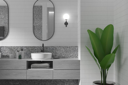 Modern tranquil home bathroom interior with modern amenities and rustic charm. It blends elegance, comfort, and nature. 3d rendering.の写真素材