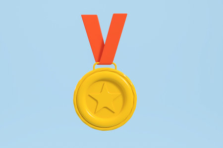 A gold star medal badge on a red ribbon, winner award on empty blue background. Concept of high quality rating, reward and trophy. 3D rendering illustrationの写真素材