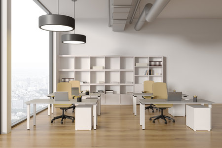 White business classroom interior with desk and armchairs in row, shelf with books and panoramic window on Paris city view. Stylish educational space with minimalist furniture. 3D renderingの写真素材