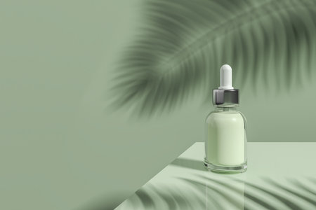 View of cosmetic product bottle with dropper standing on green table over green background with leaf shadow and copy space. Concept of beauty products and skincare. 3d renderingの写真素材