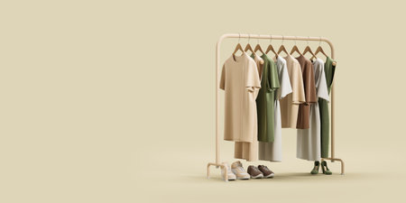 View of clothes rack with dresses and T-shirts hanging on hangers and man and woman shoes standing under them. Organized wardrobe and fashion concept. Beige background. copyspace. 3d renderingの写真素材