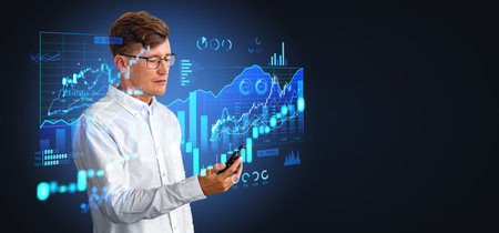 Businessman using smartphone, portrait double exposure hud with stock market research and financial...