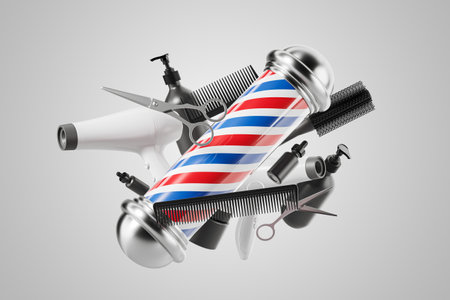 Barber pole and set of hairdressing equipment with hairdryer, scissors, combs, brushes and self care products over gray background. Concept of hairstyling business. 3d renderingの写真素材