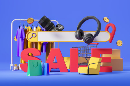 Blank web search bar and abstract background for online internet shopping and delivery. Clothes on rail, electronics and furniture. concept of sale. 3D rendering illustrationの写真素材