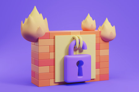 View of burning firewall with open padlock hanging on it. Concept of cyber security breach, personal data leaking and cyber crime. 3d renderingの写真素材