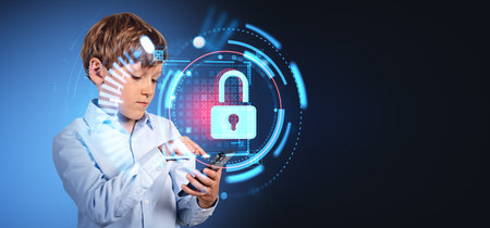 Concentrated boy finger touch smartphone, portrait using device. Glowing lock hud hologram and...