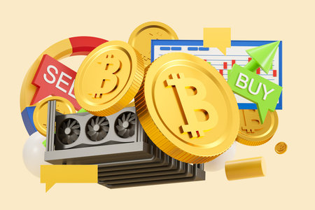 View of shining bitcoin coins, graphs, red sell speech bubble and green buy speech bubble over yellow background. Concept of decentralized currency, blockchain and investment. 3d renderingの写真素材