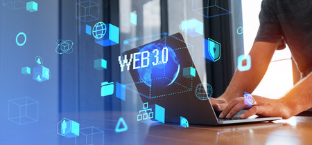 Businessman finger typing in laptop, web3 glowing hologram, blockchain and worldwide communication....