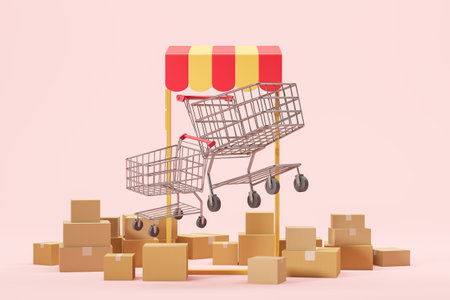 View of smartphone with shopping trolleys and boxes around it over pink background. Concept of online shopping application and ecommerce. 3d renderingの写真素材